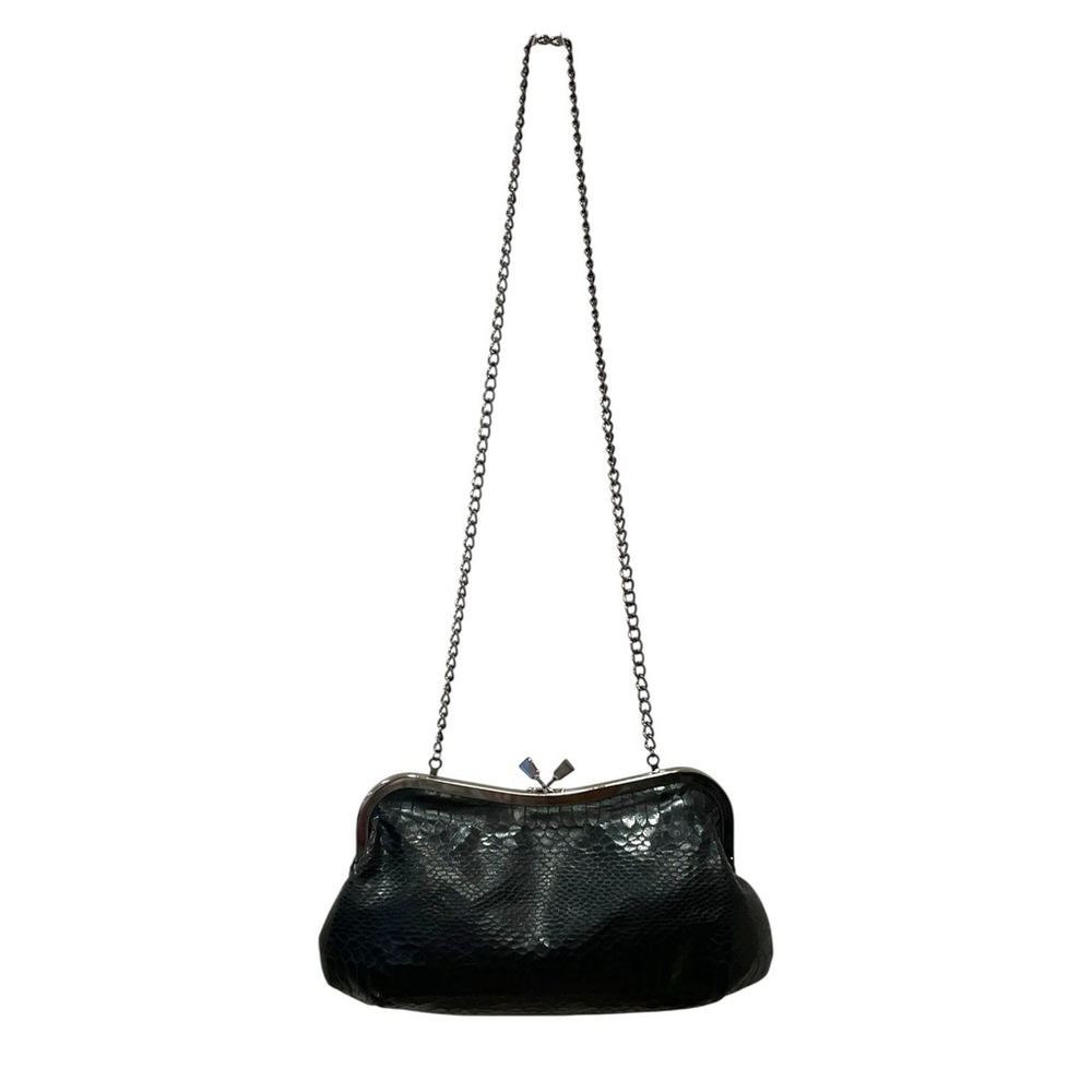 Jessica McClintock Faux Snakeskin Bag Kiss Clasp Gunmetal Chain Strap Black - Picture 4 of 13
